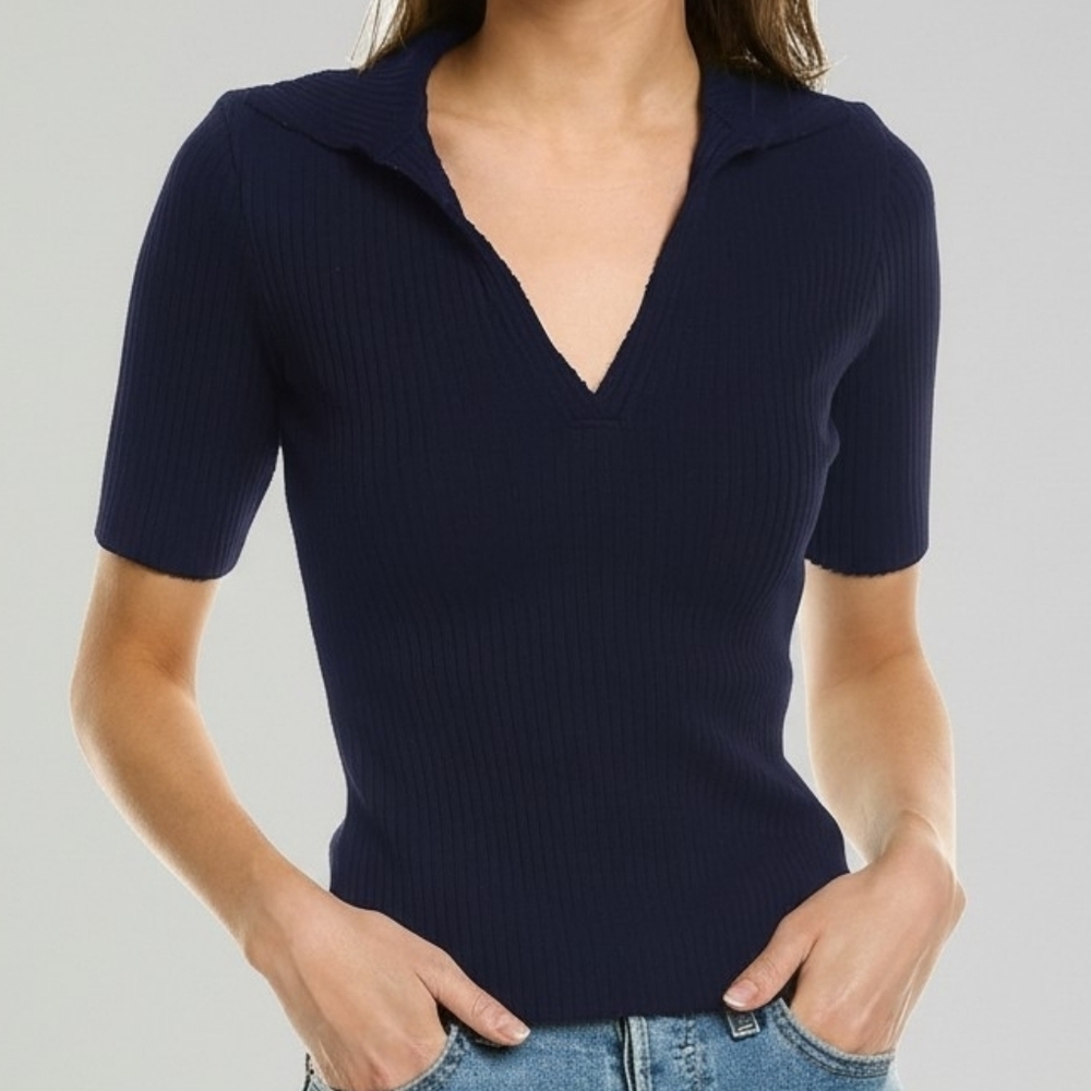 $150 COTTON CITIZEN Ibiza Ribbed Short Sleeve Polo Navy Small